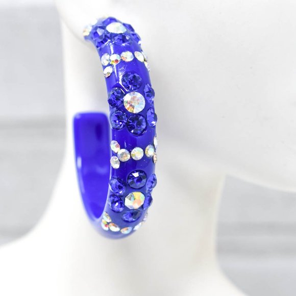 2" Flower Pattern Royal Lucite Rhinestone Earrings - Picture 7 of 12